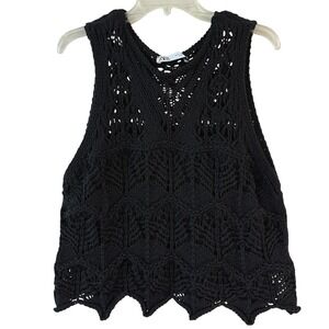 Zara Black Crochet Knit Tank Top Scalloped Hem Boho Sleeveless Festival M